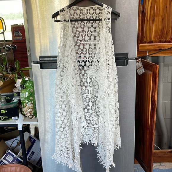 Crochet‎ lace cream long boho western vest shawl, women’s size Medium. Lace - Picture 1 of 11